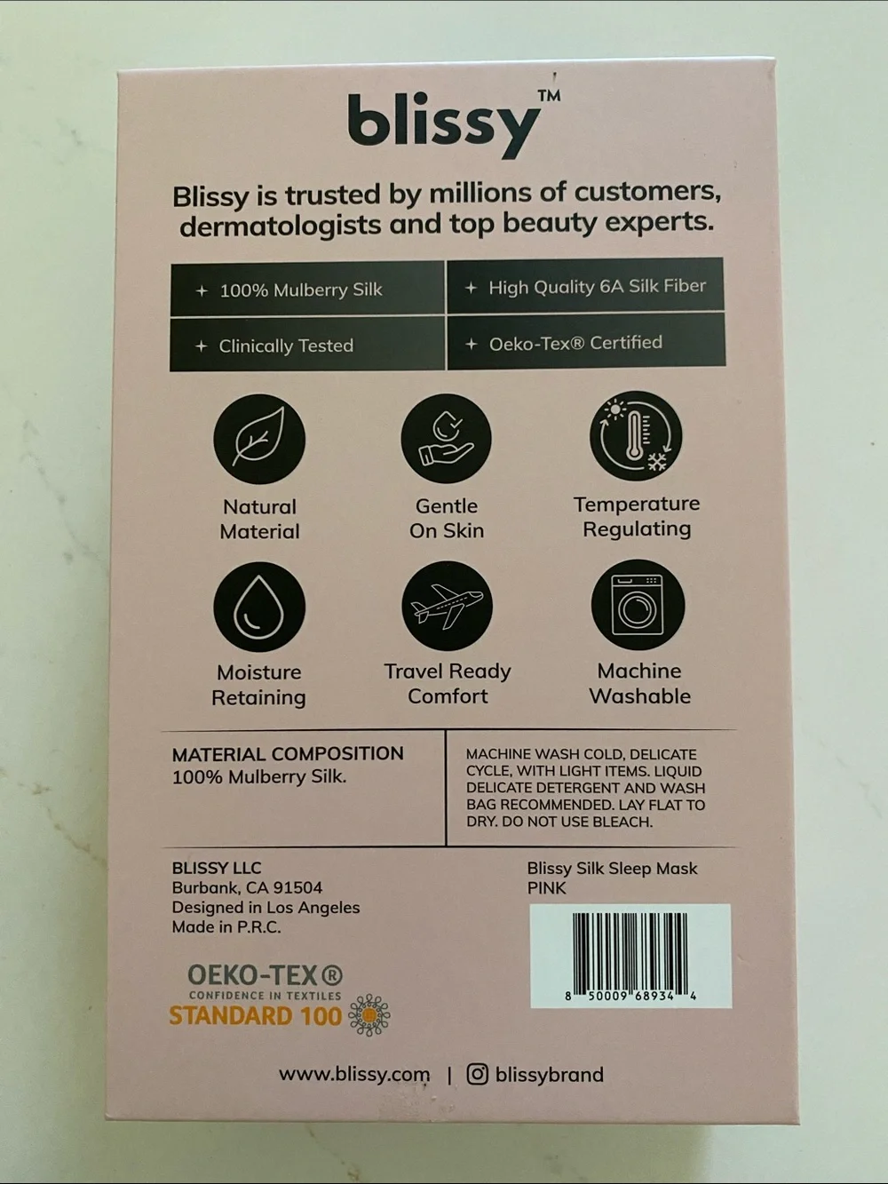 Blissy 100% Mulberry Silk Sleep Mask and Pouch in Light Pink